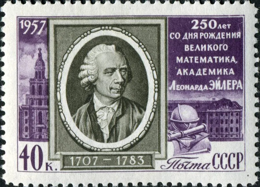 Perangko Uni Soviet tahun 1957 memperingati 250 tahun kelahiran Leonhard Euler (Wikimedia Commons, domain publik)